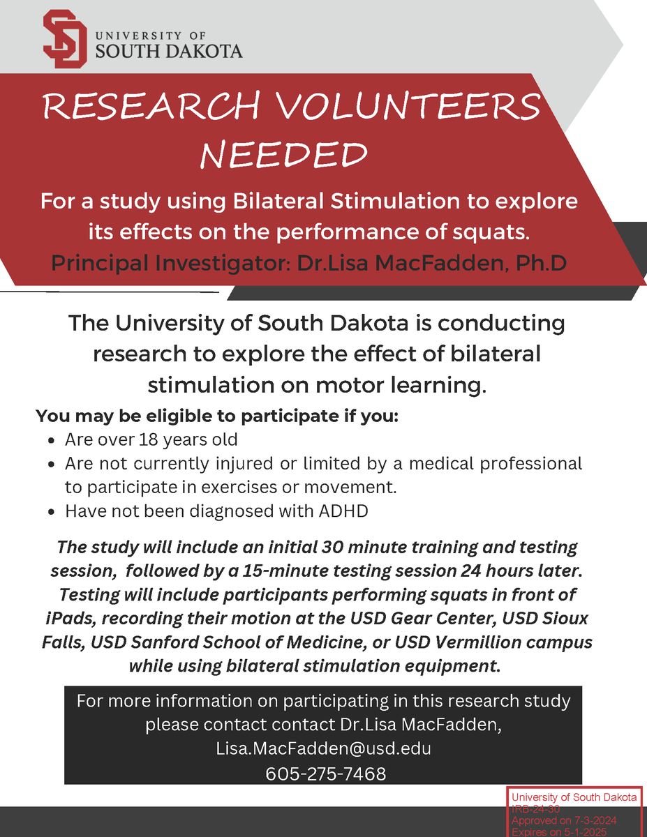 DrLisaNess's tweet photo. Exciting Research Study Opportunity at @USD! We are looking for participants to help us explore the effects of bilateral stimulation on motor learning. If you meet the criteria and are interested, please reach out for more details and get involved! #USD #Biomechanics https://t.co/giuQcPubLP