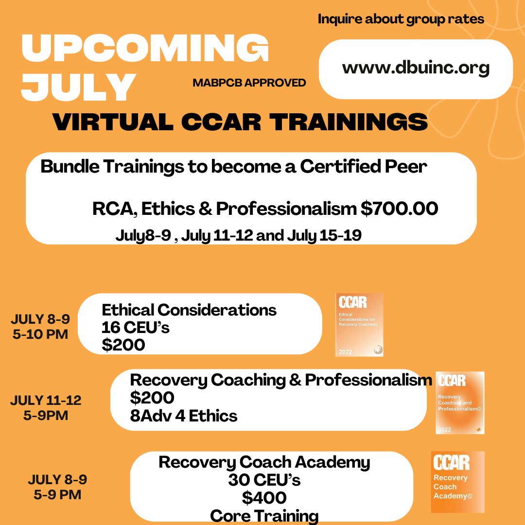 Sign your staff or yourself we have evening classes Bundle July CCAR Trainings wix.to/sBVHLdl
#rsvpnow #savethedate