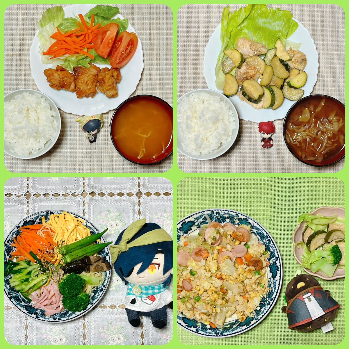 今週の〜
・唐揚げ、トマト人参サラダ、味噌汁(えのき)
・鶏とズッキーニのマヨポン炒め、味噌汁(キャベツ)
・冷やし中華
・レタス魚ニソ炒飯、ブロッコリーとズッキーニサラダ

〜ちいさきものたちを添えて〜 
