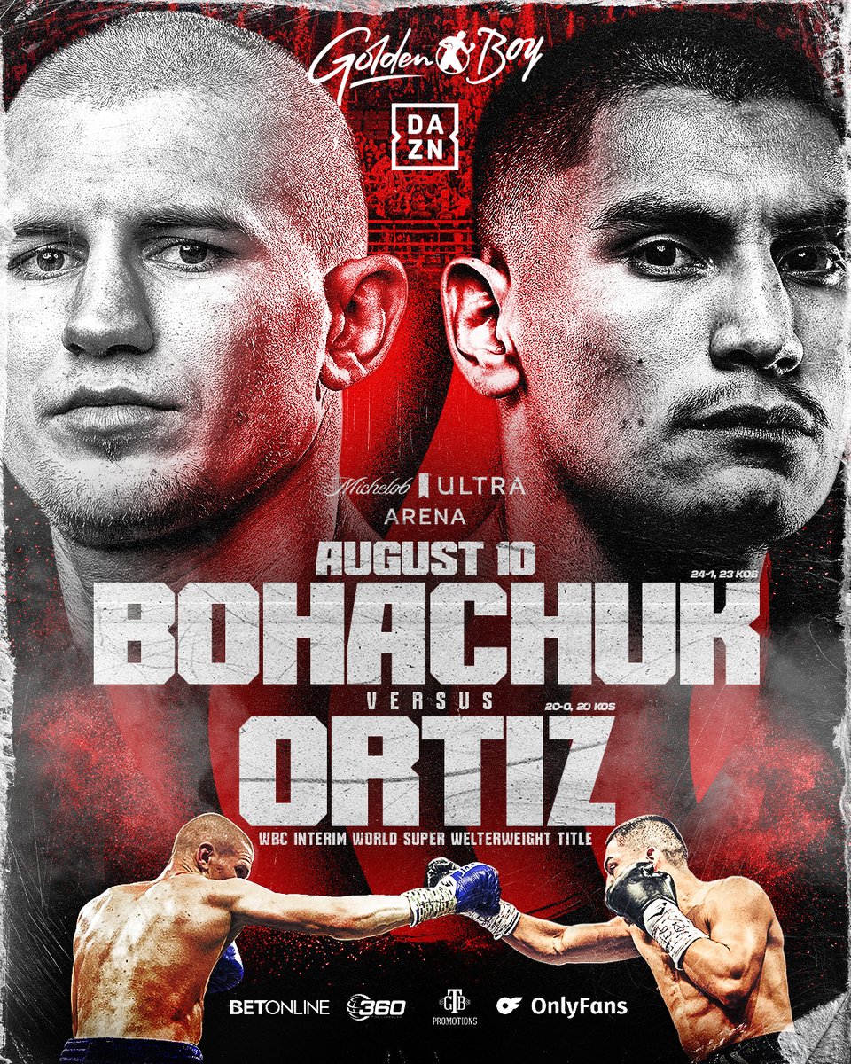 GoldenBoyBoxing's tweet photo. 🚨𝐉𝐔𝐒𝐓 𝐀𝐍𝐍𝐎𝐔𝐍𝐂𝐄𝐃🚨
Serhii Bohachuk 🆚 Vergil Ortiz Jr for the WBC interim World Super Welterweight Title in 𝐋𝐀𝐒 𝐕𝐄𝐆𝐀𝐒 on 𝐀𝐮𝐠𝐮𝐬𝐭 𝟏𝟎.

#BohachukOrtiz | LIVE on DAZN Aug 10 https://t.co/1GZG36Coce