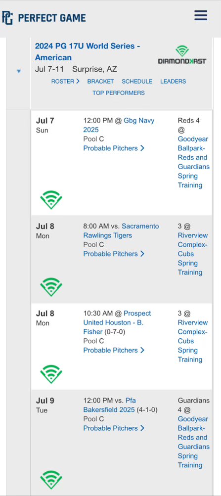 Here is my pool play schedule for the 17u PG World Series this week. <a href="/HitDogsAZ/">Hit Dogs Baseball Club</a>