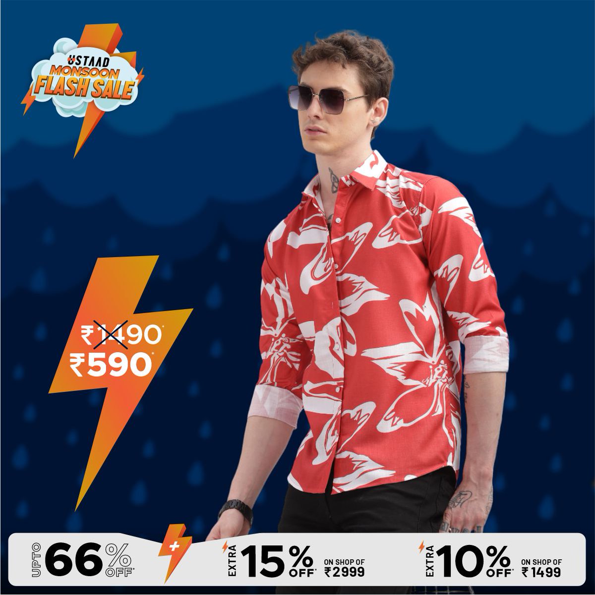 UstaadMens's tweet image. New Arrivals 🌧️ Monsoon Flash Sale - UP TO 66% OFF 💥
➕
✨ Extra 15% OFF on purchases over ₹2999
✨ Extra 10% OFF on purchases over ₹1499
Shop now and embrace the monsoon in style!
#BeTheIcon #Ustaad #MensFashionBrand #westernwear #menswear #shirts #MonsoonSale #MonsoonOffers