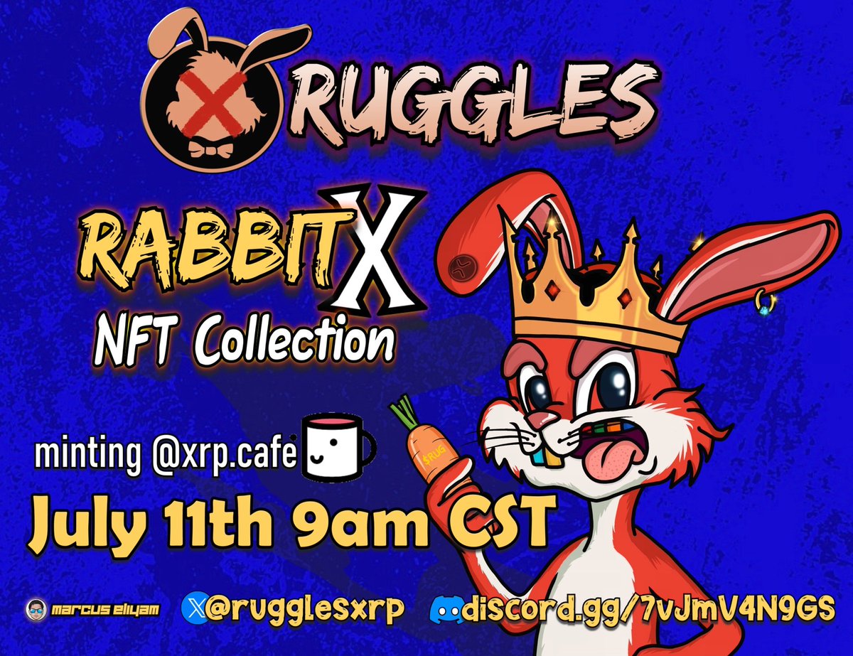 <a href="/rugglesxrp/">Ruggles</a> is dropping their latest limited edition hand drawn collection- RabbitX on July 11th @ 9am CST.

xrp.cafe/collection/rab…

Supply: 200 Rabbits
Cost: 25 #XRP
Discord: discord.com/invite/GFZRvM6…

#NewDrop #NFTdrops #SayNoToRugs
#XRPL #XRPLhasnfts #NFTs #NFTFam #NFTTrading