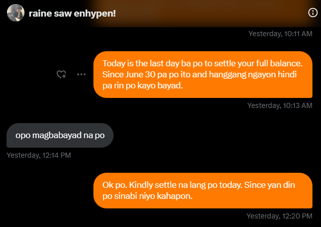 rsmails99's tweet photo. BNS AWARENESS TWEET!!!

transact at your own risk!

please help rt

user: @.simikeu1115 
other account: @.rai_ashhh 
current balance + late fees: 2480 
dop: june 30, 2024 (7 days delayed sa payment)

Please if alam niyo na dop niyo na gumawa naman kayo paraan para makabayad kayo. Hindi yung seller pa ang magiging problemado sa balance niyo at sa paghahabol sa inyo. You can see sa dms na ilang days na ako naghihintay sa payment niya and puro pangako siya na "isesend daw".

Nakakapag mine pa yan sa mga pc pero hindi makabayad sa balance?? Like ok choice mo yan pero sana settle mo muna balance mo at mag update ka sa seller kelan ka totoong makakabayad.

Hindi mahaba pasensya ko sa ganitong mga tao. Ilang beses niya na rin to ginawa pero pinagbigyan ko na lang pero ngayon hindi na. Enough na if hindi niyo kaya maka pay sa dop don't order anything sa mga bns dito. Nakakaperwisyo lang kayo.