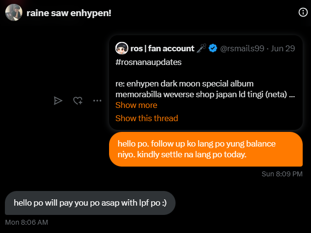 rsmails99's tweet photo. BNS AWARENESS TWEET!!!

transact at your own risk!

please help rt

user: @.simikeu1115 
other account: @.rai_ashhh 
current balance + late fees: 2480 
dop: june 30, 2024 (7 days delayed sa payment)

Please if alam niyo na dop niyo na gumawa naman kayo paraan para makabayad kayo. Hindi yung seller pa ang magiging problemado sa balance niyo at sa paghahabol sa inyo. You can see sa dms na ilang days na ako naghihintay sa payment niya and puro pangako siya na "isesend daw".

Nakakapag mine pa yan sa mga pc pero hindi makabayad sa balance?? Like ok choice mo yan pero sana settle mo muna balance mo at mag update ka sa seller kelan ka totoong makakabayad.

Hindi mahaba pasensya ko sa ganitong mga tao. Ilang beses niya na rin to ginawa pero pinagbigyan ko na lang pero ngayon hindi na. Enough na if hindi niyo kaya maka pay sa dop don't order anything sa mga bns dito. Nakakaperwisyo lang kayo.