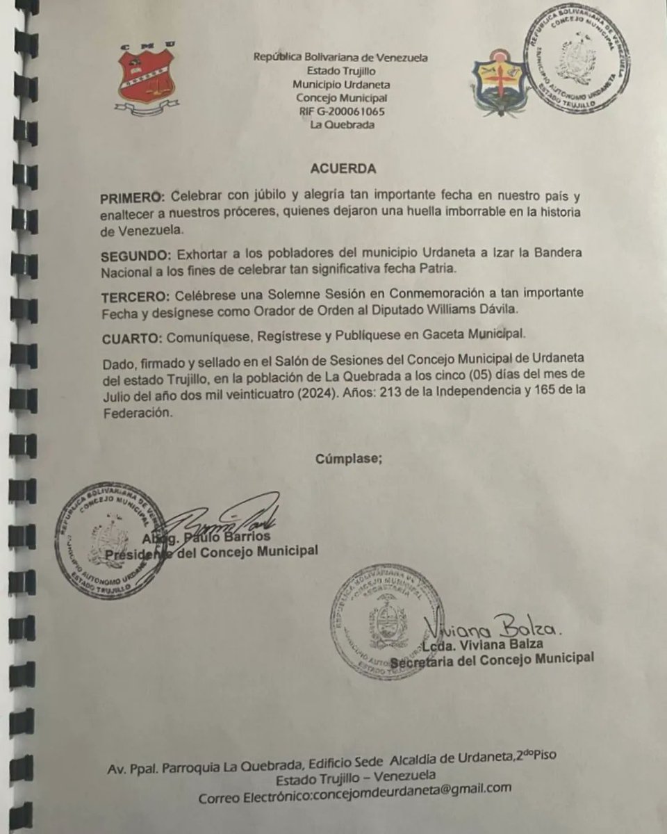 ¡Gracias al Concejo Municipal del Municipio Urdaneta, estado Trujillo, por este reconocimiento tan especial que me dieron el día de ayer 5 de julio!. Me llena de orgullo saber que mi esfuerzo por la democracia y el desarrollo político en Venezuela y la Región Andina está siendo