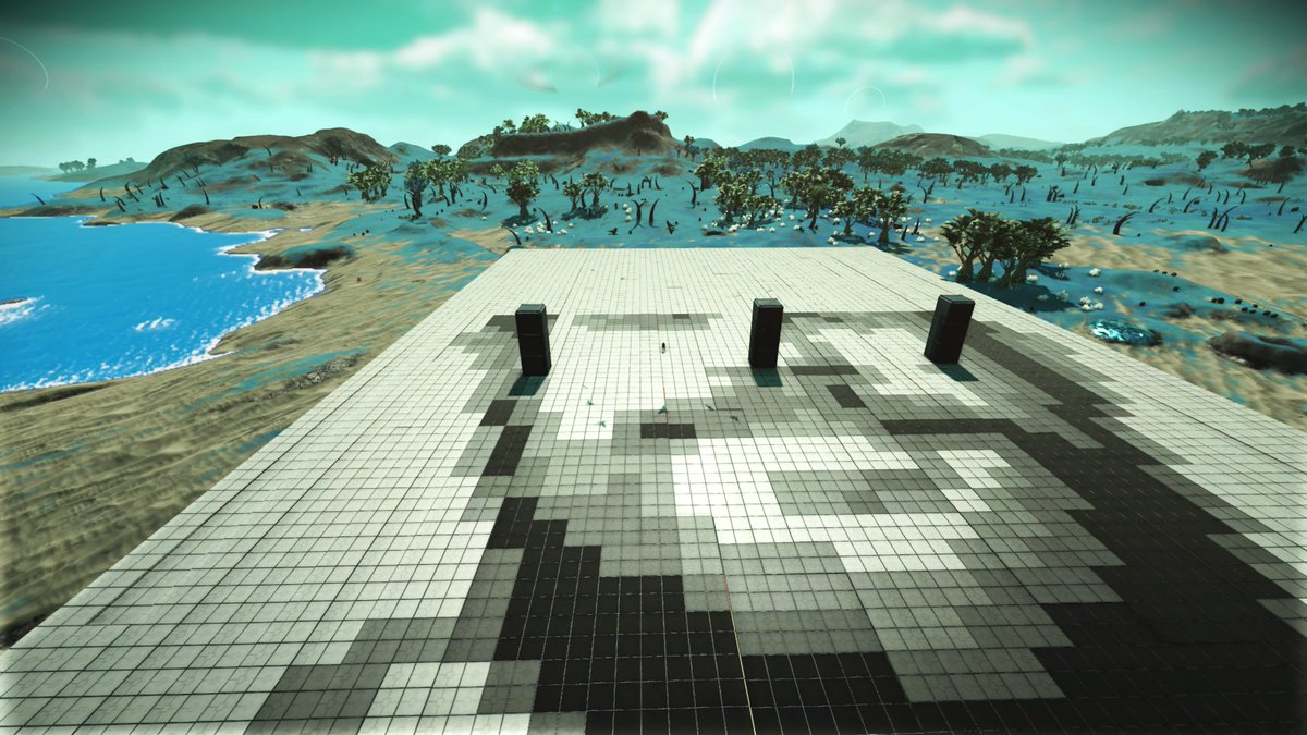 RolandOberheim's tweet photo. A shot of the original “Sean Face” being built nearly six years ago.  #NoMansSky had no camera perspective in build mode yet, so I had to use cubes as “scaffolding.” 🙃 https://t.co/xk4sAqDKCM
