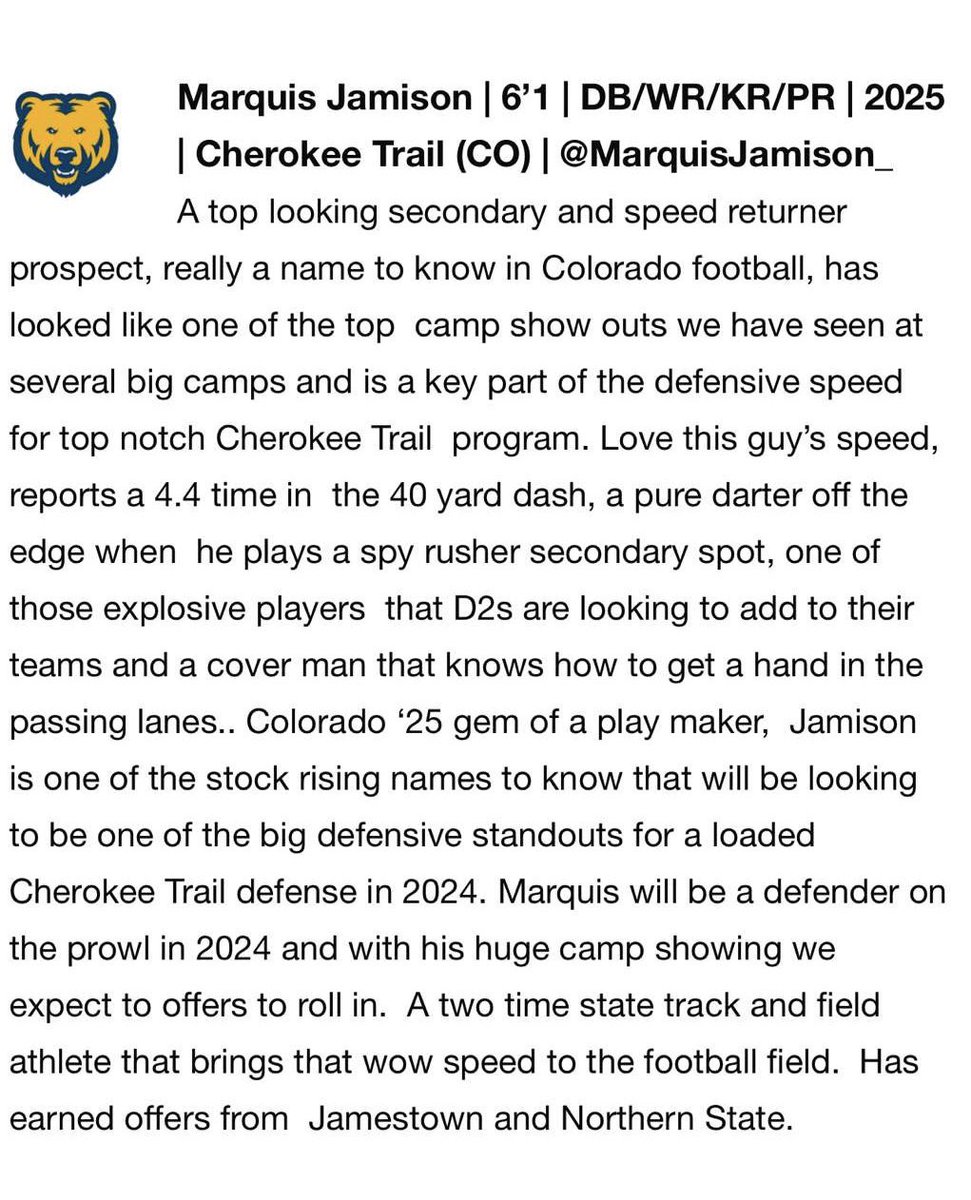 MarquisJamison_'s tweet photo. Thank you @sixstarfootball for the write up!! https://t.co/2NuXhn22eG