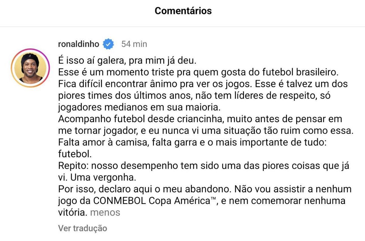 legadaoscr's tweet photo. EU CONCORDO COM VC RONALDINHO!! VOCE NUNCA ERROU, A SELEÇÃO BRASILEIRA É UMA PIADA!!

VAI TOMAR NO CU, VERGONHA DO CARALHO https://t.co/58oD53F0ls