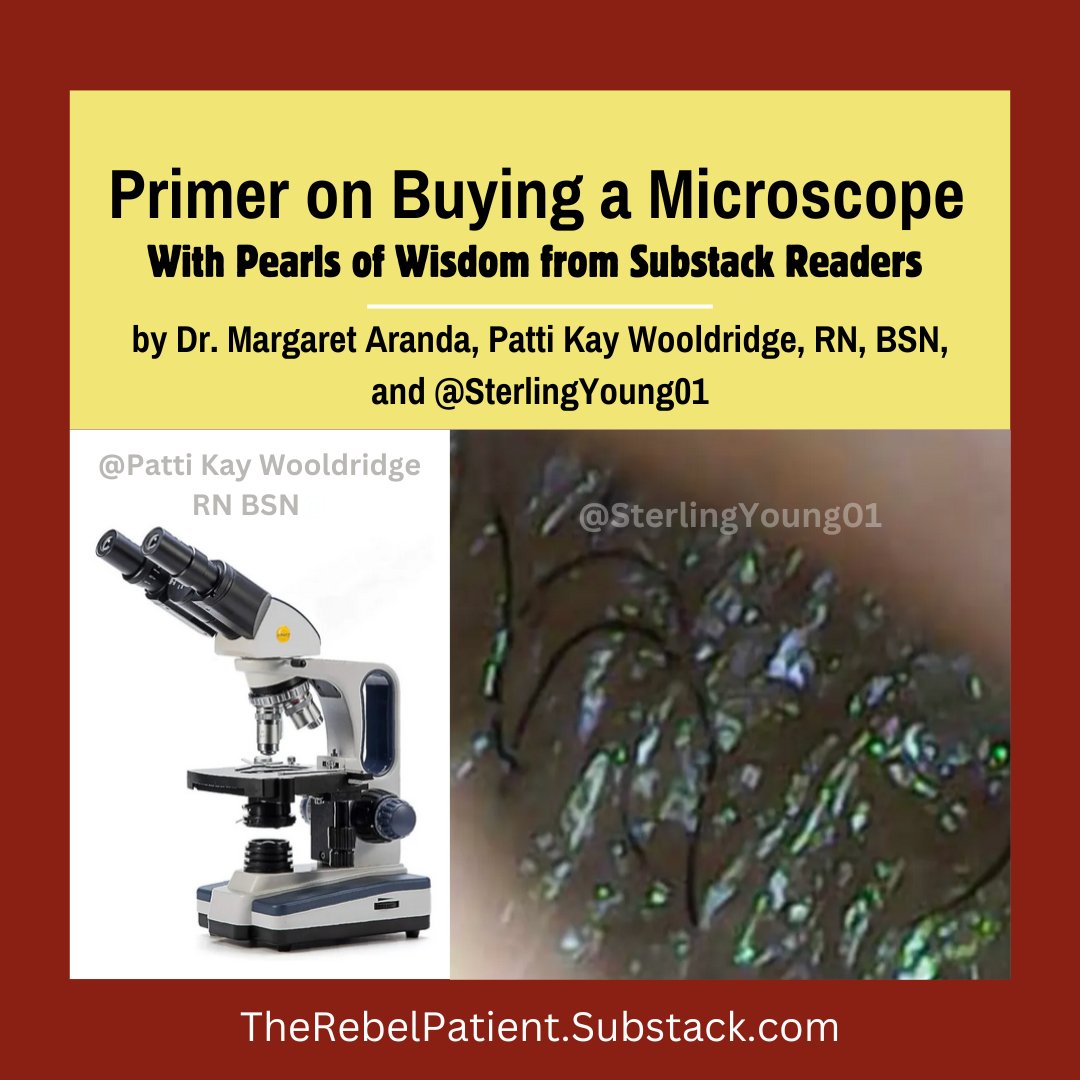 DrMargaretShow's tweet photo. Primer on Buying a Microscope, by @TheRebelPatient @DrMargaretAran1
#blood #BloodTransfusion #VaxInjury #VaxUnvax #vaxinjuries #vaccineinjury #vaccineinjuries #bloodclots #graphine #nanoparticles #spikeprotein #nanobots
https://t.co/dq8DKakPnF
Includes Pearls of Wisdom from Substack Readers (Thank You!)
A special thank you for Patti Kay Wooldridge RN BSN
and Sterling Young
for posting extremely helpful information and getting us started on microscopes. Patti has been doing this for a long time, so she is my go-to expert.
This is a summary of comments posted after my first article on getting a microscope and learning together. Thank you for your overwhelming interest in this topic. Let’s get to some microscope basics to help your purchase.
The good news is that some use a $22 digital microscope and full scopes cost as low as $200, which I realize is still a long stretch for many. If you can’t afford $22 and really, really want to join us, please message me. If you would like to help fund those who cannot afford it, message me, donate, or become a paid subscriber and I will be transparent and reveal what you bought. Thank you!
Read on...
