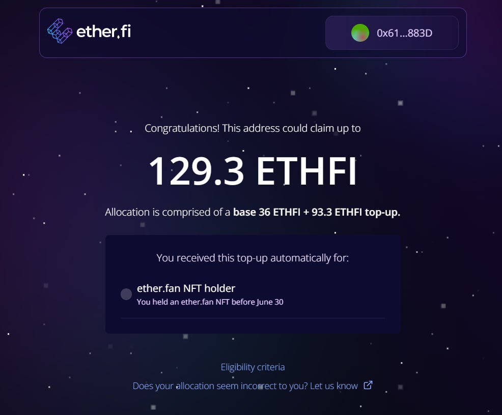 💥Another #Airdrop for us

💎 <a href="/ether_fi/">ether.fi</a> season 2 checker live
🔗claim.ether.fi
✅Check eligibility &amp; post in comments📸👇

⚠️This is not final allocation

👇If u feel issues in allocation, report here
🔗forms.gle/XbruLYMdqTj4VY…

📤Claim will start later

💙Like
🔁RT