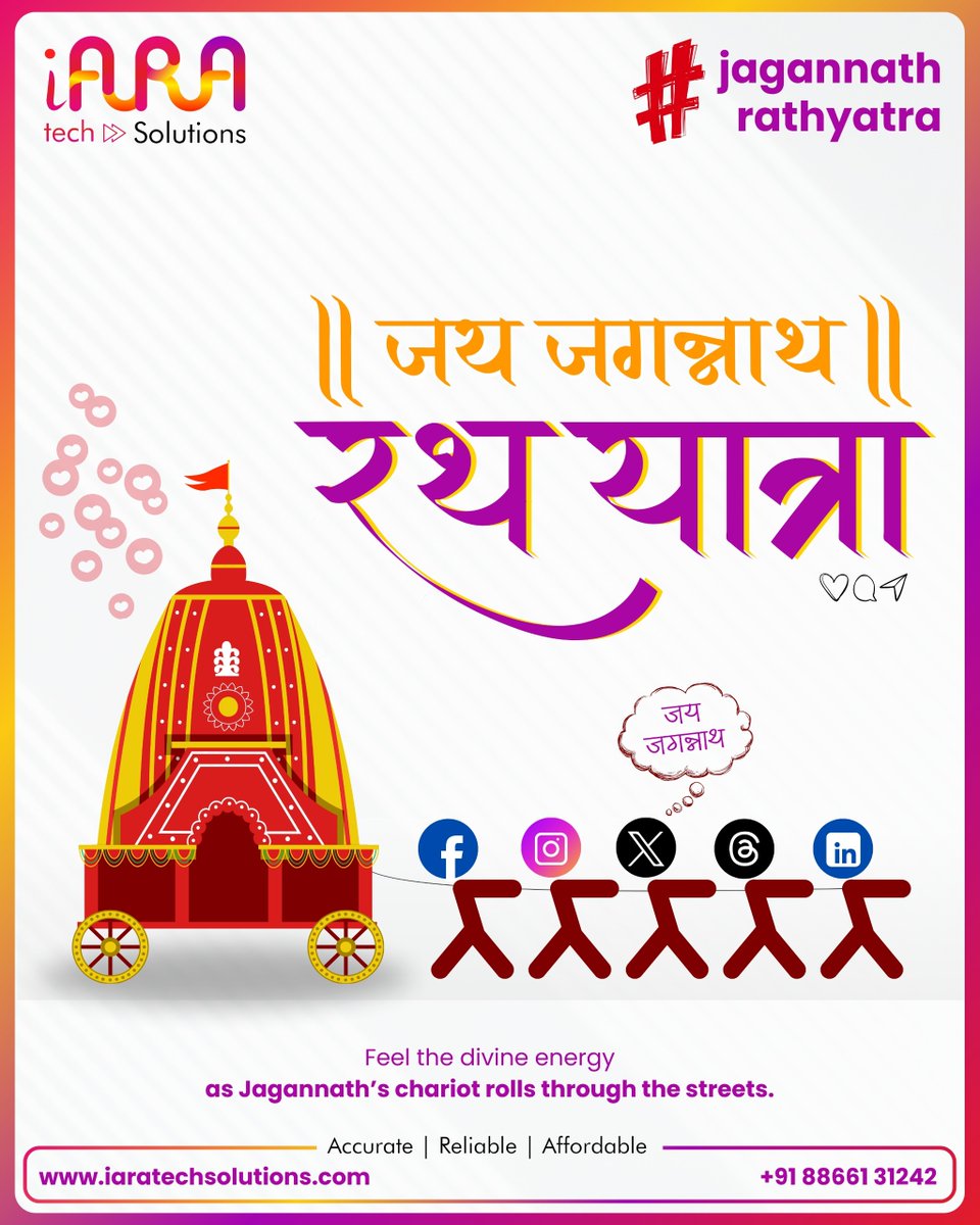 iARAtech_S's tweet photo. Honor the sacred voyage of Lord Jagannath. 
.
.
.
#jagannathrathyatra #iaratechsolutions #india #digitalmarketing #socialmediamanagement #contentmarketing #graphicsdesign https://t.co/b7FWDW7Lih