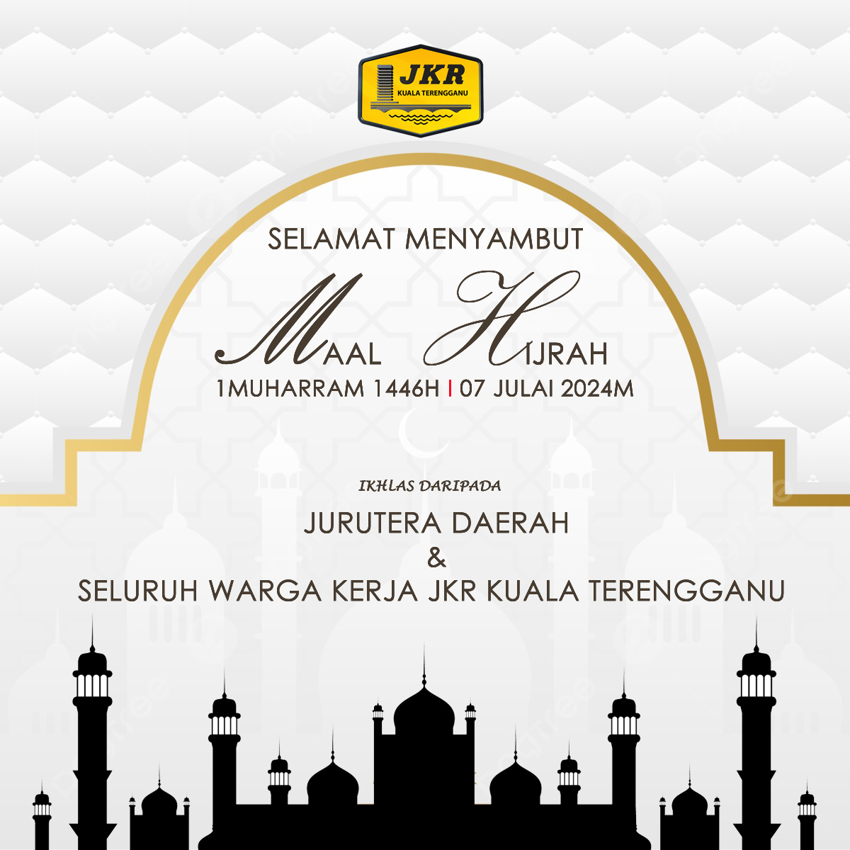 JKR_KT's tweet photo. Seluruh warga JKR Kuala Terengganu mengucapkan Selamat menyambut Maal Hijrah Tahun 1446H / 2024M . 1 Muharam 1446H bersamaan 7 Julai 2024M."Al-Falah Pemacu Malaysia Madani". 
@IPJKR_Official
@JKRTerengganu
@HasliJKR
@asharimuda https://t.co/W6oPeu4QPw