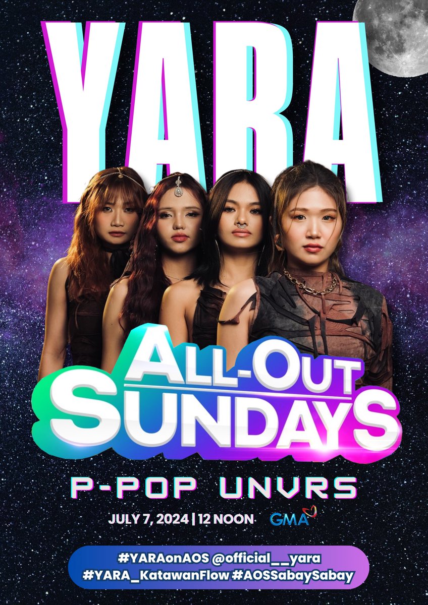 [TAG UPDATE ] YARA | TV GUESTING

Cocoon! Tara tara tara na't wag papalagpasin ang ‘Katawan Flow’ performance ng YARA sa All-Out Sundays P-POP UNVRS!

📆 July 7, 2024 | 12 Noon
📺 Tune in on GMA's FB and YT Channel!

#YARAonAOS <a href="/official__yara/">YARA</a> #YARA_KatawanFlow #AOSSabaySabay
