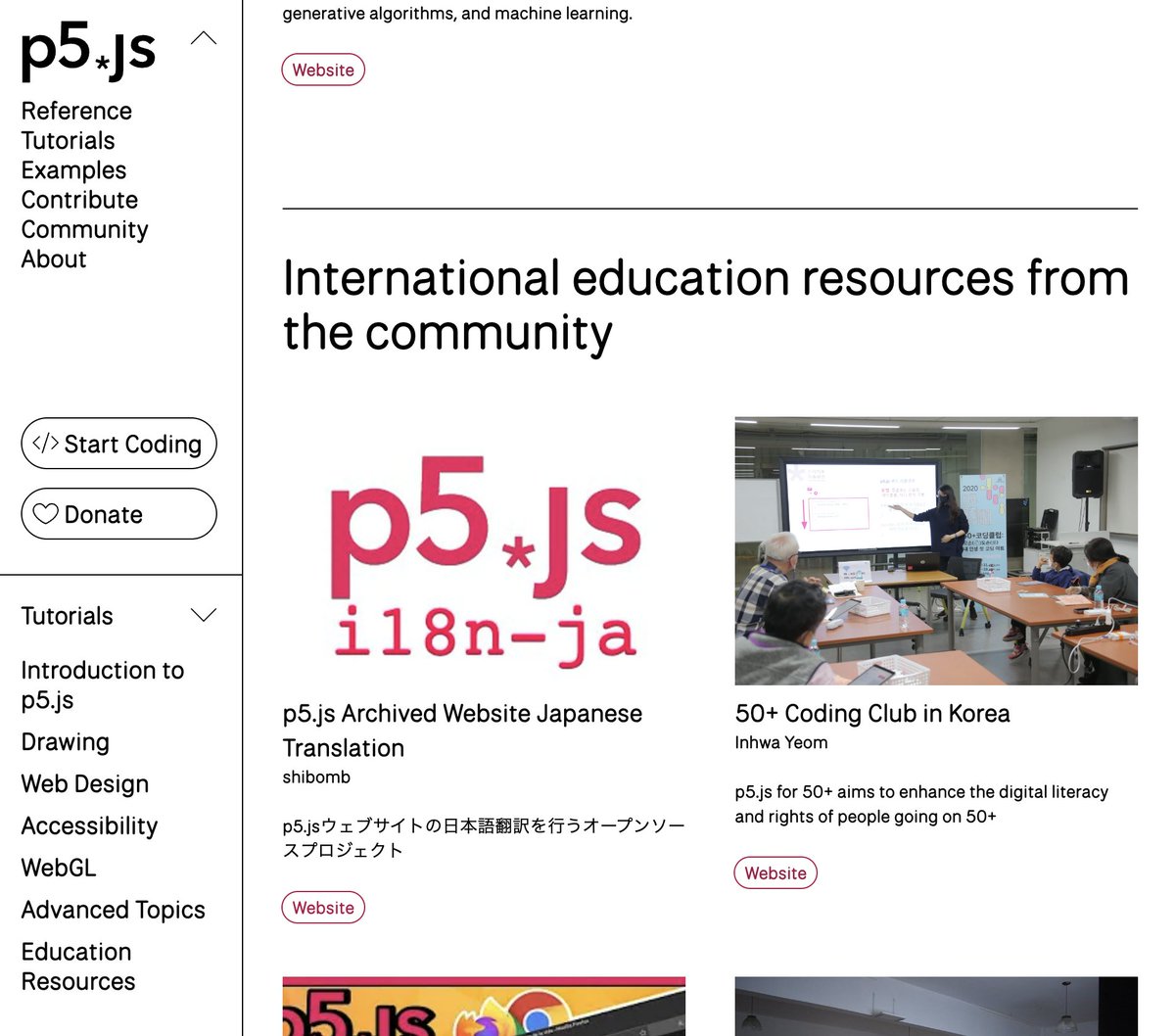 p5js_i18n_ja's tweet photo. p5.js日本語翻訳の確認用ページが https://t.co/YPZmPbpcHK 内の学習向けリソースとしてリンクされました！ありがとうございます！
プログラミング、デジタルアートやジェネレーティブアートを学習したい方々にもっと届くと良いですね！

引き続き、新バージョンでの翻訳も頑張っていきましょう！ https://t.co/u1orl8vfbY