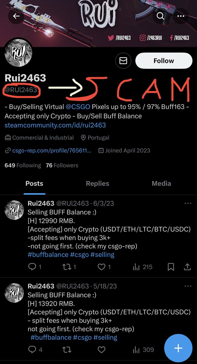 ❗️ SCAM ALERT ❗️
Reminder that this profile is impersonating me and scamming, always make sure to confirm you’re talking to the real me by adding me on steam. He can’t fake that. <a href="/RUl2463/">Rui2463</a> (he has swapped letter ‘i’ for ‘L’ - make sure to report and block. Retweet for awareness.