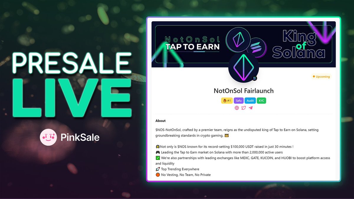 Diamondweb_3's tweet photo. Good morning Everyone 🫡 

$NOS - @NotOnSol_meme : Pioneering Tap to Earn on Solana 🚀

We're excited to announce that $NOS has raised an impressive $100,000 USDT in just 30 minutes with no vesting, no team allocation, and no private sales.

In addition, they successfully gathered 65 SOL in a short time via Pinksale.

To further enhance platform accessibility and liquidity, $NOS has secured partnerships with leading exchanges such as MEXC, GATE, KUCOIN, and HUOBI.

Check them out here:
https://t.co/wcj7RD577g