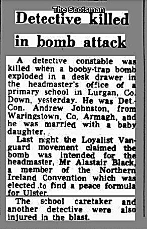 OnThisDayPIRA's tweet photo. #OnThisDay in 1975 the IRA murdered Andrew Johnston, 26. Married father of a baby daughter. RUC. Booby trap bomb exploded in office desk as police investigated a break in at Carrick Primary School, near Lurgan. Believed bomb intended for Principal, a Unionist Vanguard member #OTD https://t.co/cwnb4dlClz