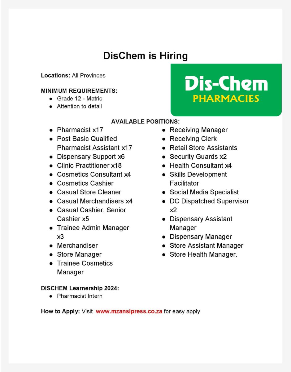 CarolBoitumelo1's tweet image. Dischem is looking for unemployed people to start ASAP

Salary: R10,000 to R20,000 per month 
Location: All Provinces 

Requirements:
● Grade 12 
Basic Numeracy
Attention to detail 

You must be hardworking.

Link to Apply: tinyurl.com/scholarsseeker