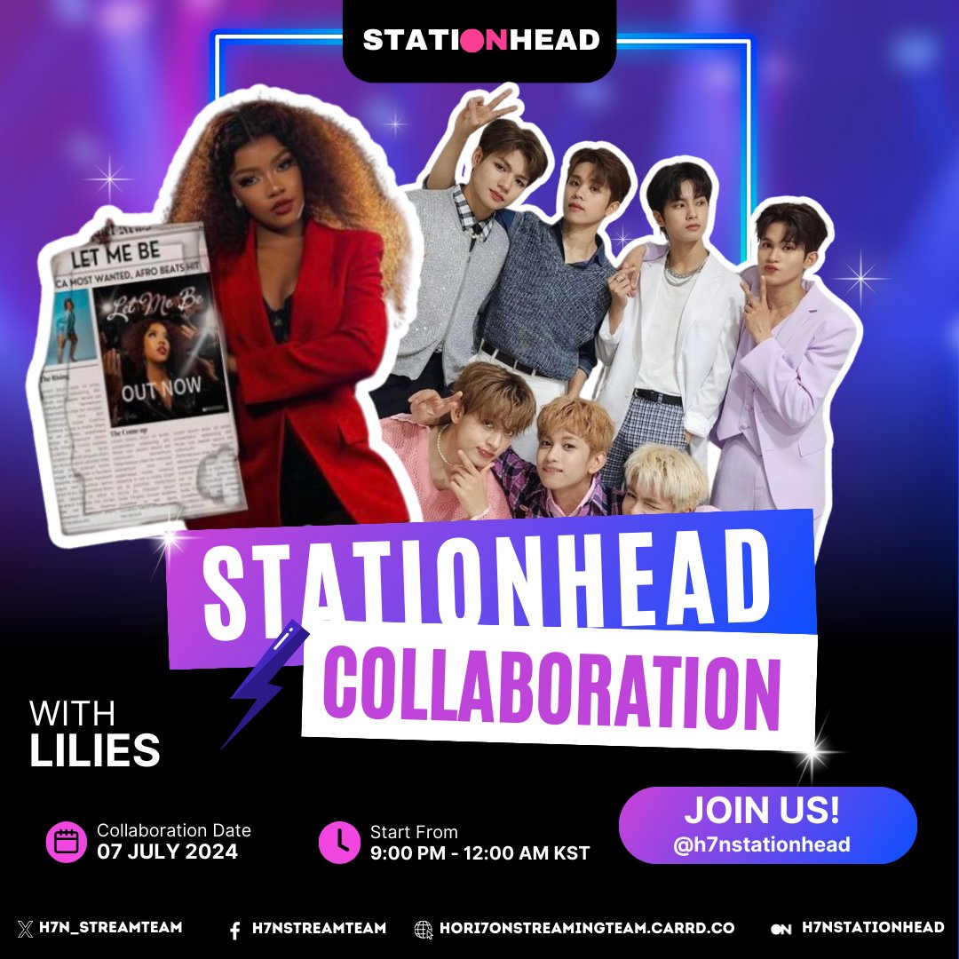 [🎥] STREAMING COLLABORATION 
🍀Let's turn LUCKY 7 on 🍀 
HORI7ON X LILIES on STATIONHEAD.  
Join us later, Anchors!

📅: July 07
⏰: 8:00 PM - 11:00 PM PHT / 
        9:00 PM - 12:00 AM KST
🔗:stationhead.com/h7nstationhead

#HORI7ONxLILIES
#HORI7ON #호라이즌