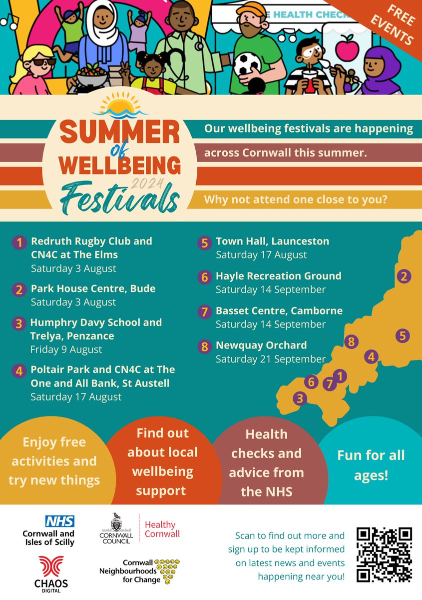 🏖️🌞 Check out these eight Summer Wellbeing Festival events happening across Cornwall!

Come along for free activities, health checks, local support, and fun for all ages.

We can't wait to see you there! 😃✨

🔗 For more details, visit - orlo.uk/Summer_Wellbei…