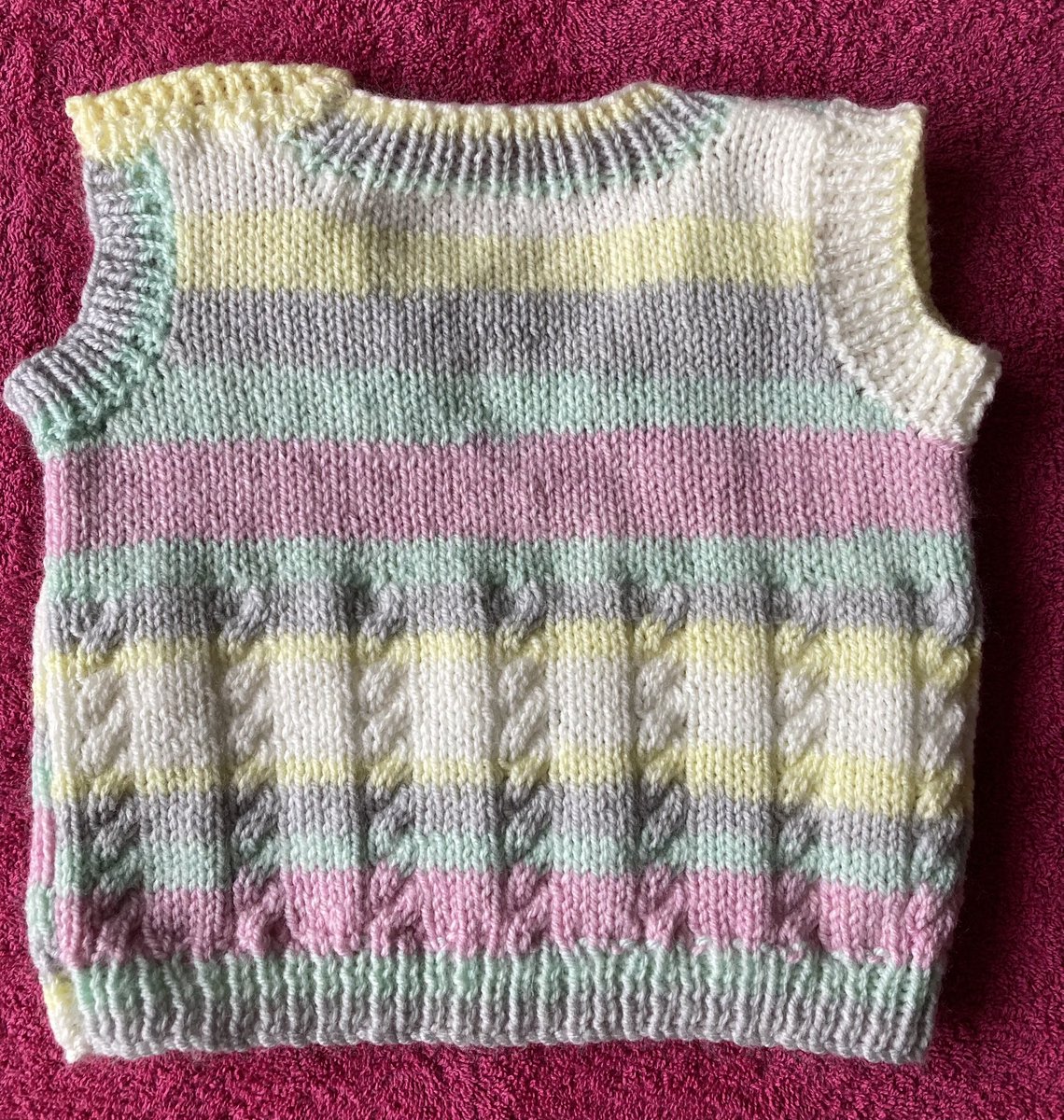 I love knitting  for my clients babies! Some I gift, some I sell. This gorgeous little tank top in ice cream colours is one of my favourite knits. Size 6-12 months . Price £15 excluding P&amp;P. Txt 07904955492 to buy. See pregnantmassage.co.uk for pics of knitwear. Pls RT