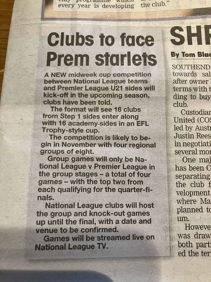 NickDuGard1's tweet photo. From the @NonLeaguePaper today, confirming that 16 National League clubs will play Premier League U21 sides in a midweek competition this season. https://t.co/TWpGwif3Lz