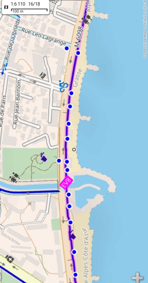 BugBilly's tweet image. Grosse différence d&apos;offre de stationnement #vélo en bord de mer entre la  @VilledeCagnes à gauche et la @VilledeNice à droite

(Stationnements vélo représentés par des points bleus sur #cyclosm)