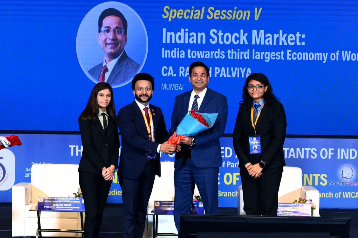rajeshpalviya's tweet photo. I had a fantastic time at the #ICAI National Conference organized by the Board of Studies and hosted by the #WIRC & #WICASA #Ahmedabad branch! It was a great honour to share my insights on the Indian stock market and economic growth with enthusiastic and bright CA students. Their curiosity and eagerness to learn were truly inspiring. Engaging with the next generation of financial leaders and witnessing their passion for the industry was a rewarding experience. I am confident that with their dedication and drive, the future of finance in India is in great hands. Many thanks to the organizers for putting together such a fantastic event.
@bosaicai @theicai @AxisDirect_In #ICAINationalConference #CAStudents #FinanceFuture #StockMarketInsights #EconomicGrowth #LearningAndGrowth #WIRC #WICASA #Ahmedabad