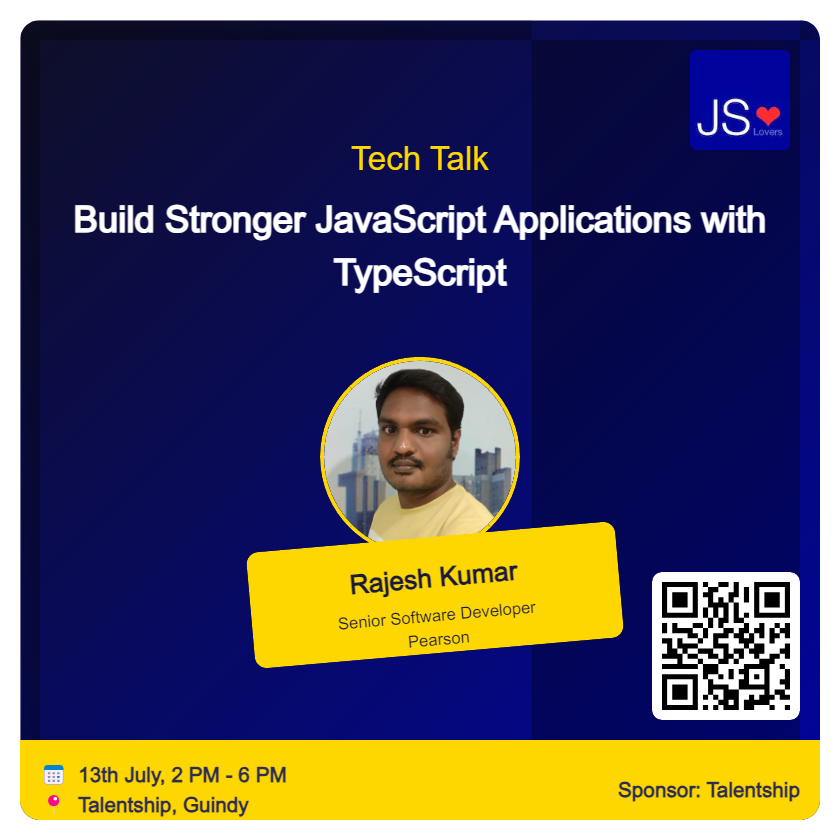 JSLovers (@jslovers_del) on Twitter photo JSLovers Chennai Chapter - Speaker Announcement ๐ฅณ
We are thrilled to announce our final speaker, <a href="/iamRajace/">Rajesh kumar</a> , for the JSLovers Chennai meetup planned for 13th July. ๐๏ธ
Join us for an exciting session on "Building Stronger JavaScript Applications with TypeScript". Special JSLovers Chennai Chapter - Speaker Announcement ๐ฅณ
We are thrilled to announce our final speaker, <a href="/iamRajace/">Rajesh kumar</a> , for the JSLovers Chennai meetup planned for 13th July. ๐๏ธ
Join us for an exciting session on "Building Stronger JavaScript Applications with TypeScript". Special
