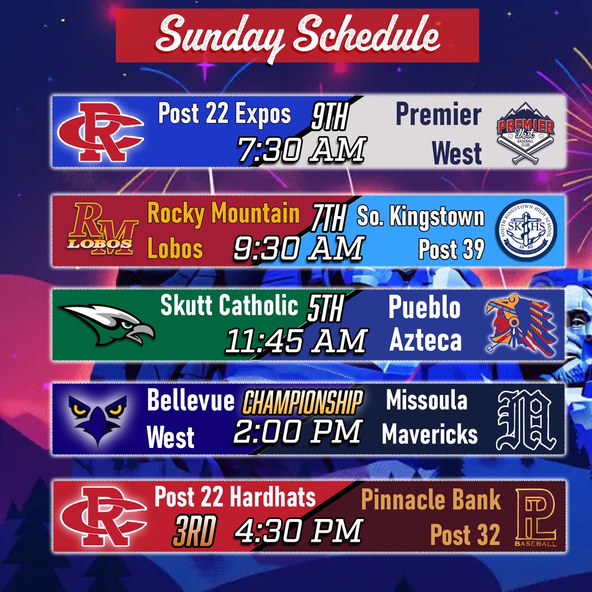 Your Championship Sunday schedule for the 49th Annual Firecracker Classic. (All games MDT and subject to change)