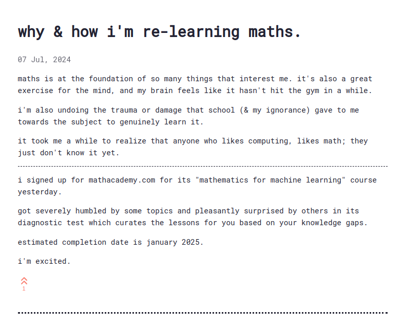 started relearning maths from scratch after 5 years today.

>signed up to mathacademy . com
>gave a diagnostic test
>revising a lot of foundational stuff
>aim for 70+ XP everyday (~5-8 topics)
>finish maths for ml by jan 2025
>hellyeah.jpg