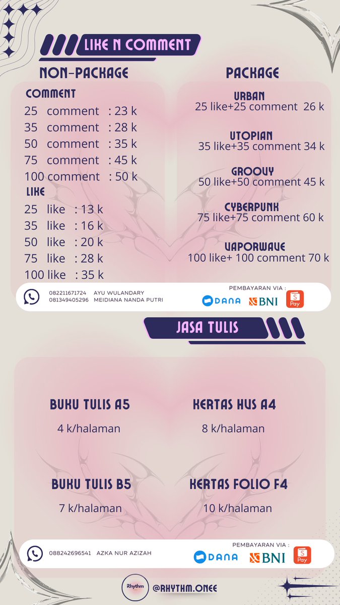 RhythmOne's tweet photo. Hallo semuanyaa🎀
Bagi temen temen yang lagi nyari jasa isi kuesioner, jasa like comment, jasa review google, dan joki tulis.
Bisa order di rhythm one yaaaa
100% terpecaya dan pengerjaannya cepat
Yang minat bisa hubungi contact person atau cek ig: rhythm_one 💗 https://t.co/DdnVWbS4I0