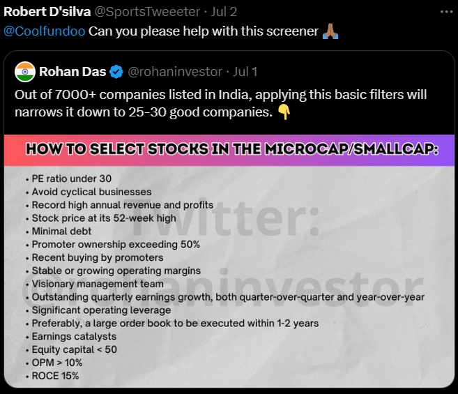 Coolfundoo's tweet image. #SCREENER CHALLENGE 63

Can we drill down into the stock selection criteria specified by @rohaninvestor and automate the thought process? Let's collaborate and make it happen! Who's in?