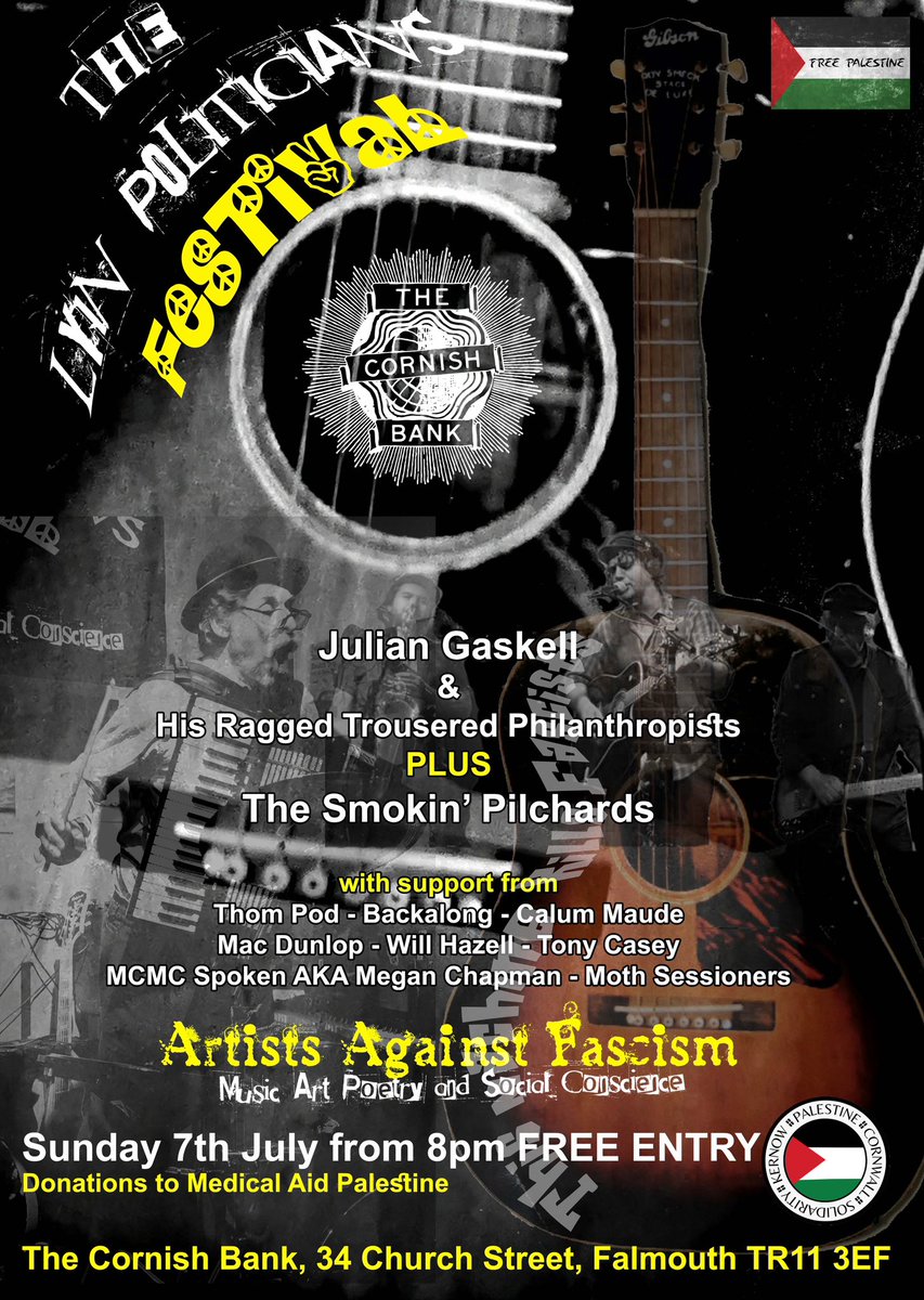 Tonight’s gig folks @cornishbank Falmouth with Mac Dunlop and many more wonderful acts . #artistsagainstfascism