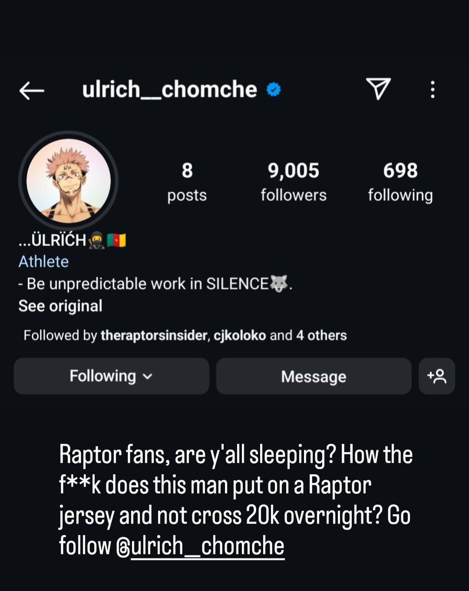 PensareBBall's tweet photo. This is UNACCEPTABLE Raptor nation. 

It's time to flood our 57th pick' timeline with a ton of support and follows. Far from home, 18 years old. Support matters.

Follow ulrich__chomche and write "Welcome to Toronto..." under his last post! Plz &amp; Thanks! 

#Raptors #WeTheNorth https://t.co/pttEVOQ7NV
