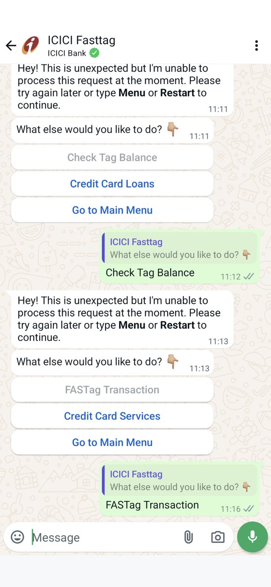 sidsinroy's tweet photo. @ICICIBank #icicifastag send a message to upload my RC. Went online to check and see it's already uploaded. What more is required?
Also, your WhatsApp banking needs a rehash. https://t.co/qjrVdw9peW