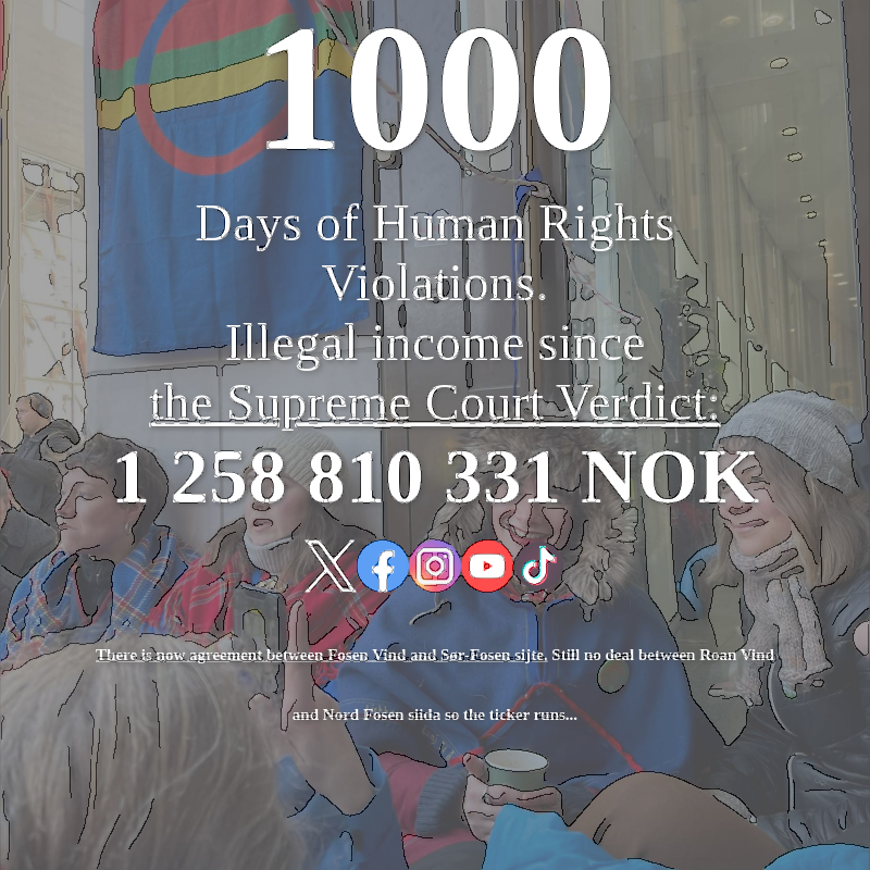 1000 days and counting!
<a href="/Statkraft/">Statkraft</a>, make a statement for human rights and environmental justice by removing the wind turbines in Fosen. #Fosen #EnvironmentalJustice #JusticeOverMoney
bit.ly/spcfosen
bit.ly/fosenticker