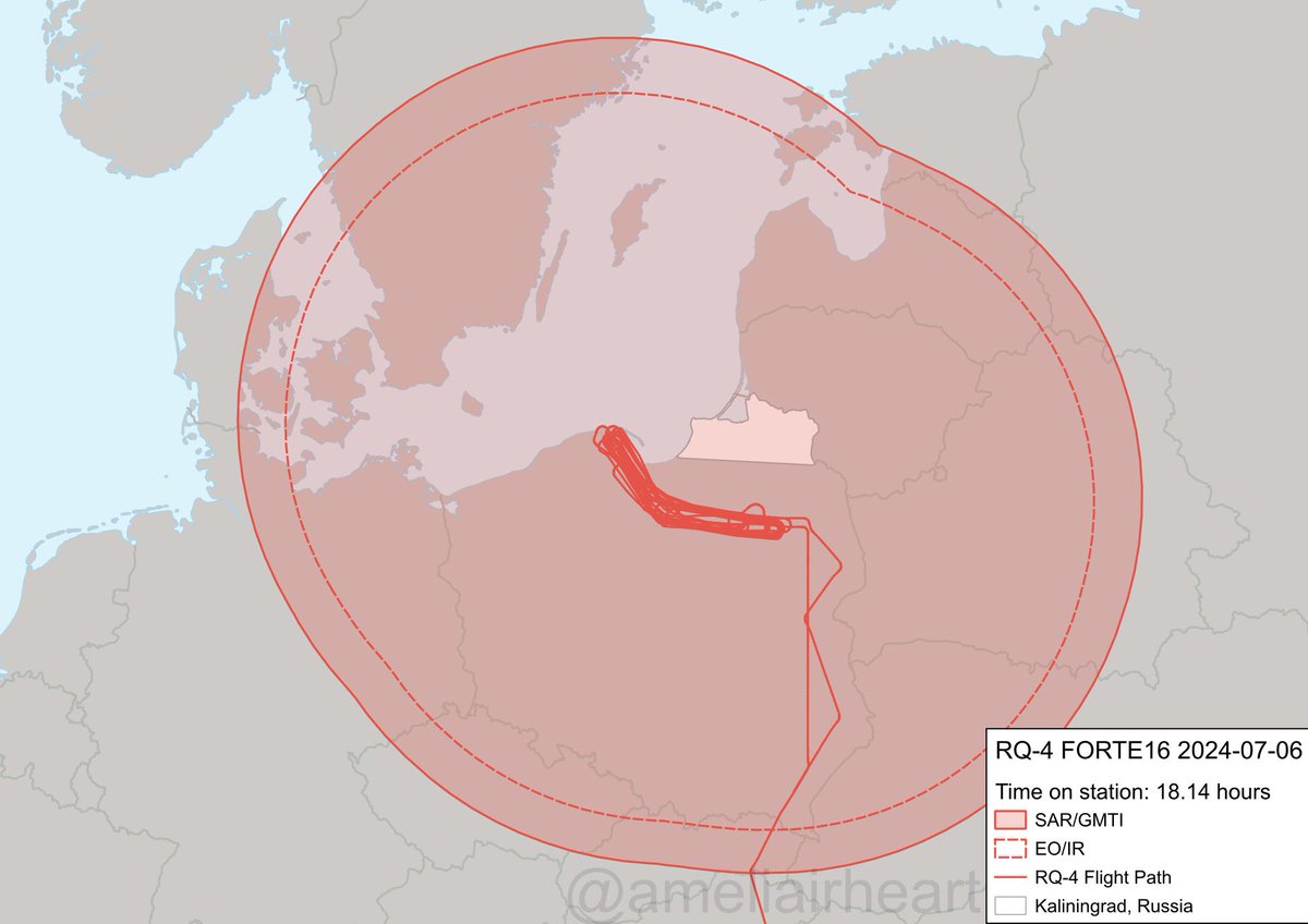 ameliairheart's tweet photo. USAF RQ-4B 11-2046 as FORTE16 is returning back to NAS Sigonella, IT after ~18 hours watching Kaliningrad. Total flight time as of posting is approximately 26 hours. The RQ-4B Block 40 carries a high-resolution EO/IR camera under the nose and a powerful radar. #ADSB #AE5421 https://t.co/Xc6VecQrM7