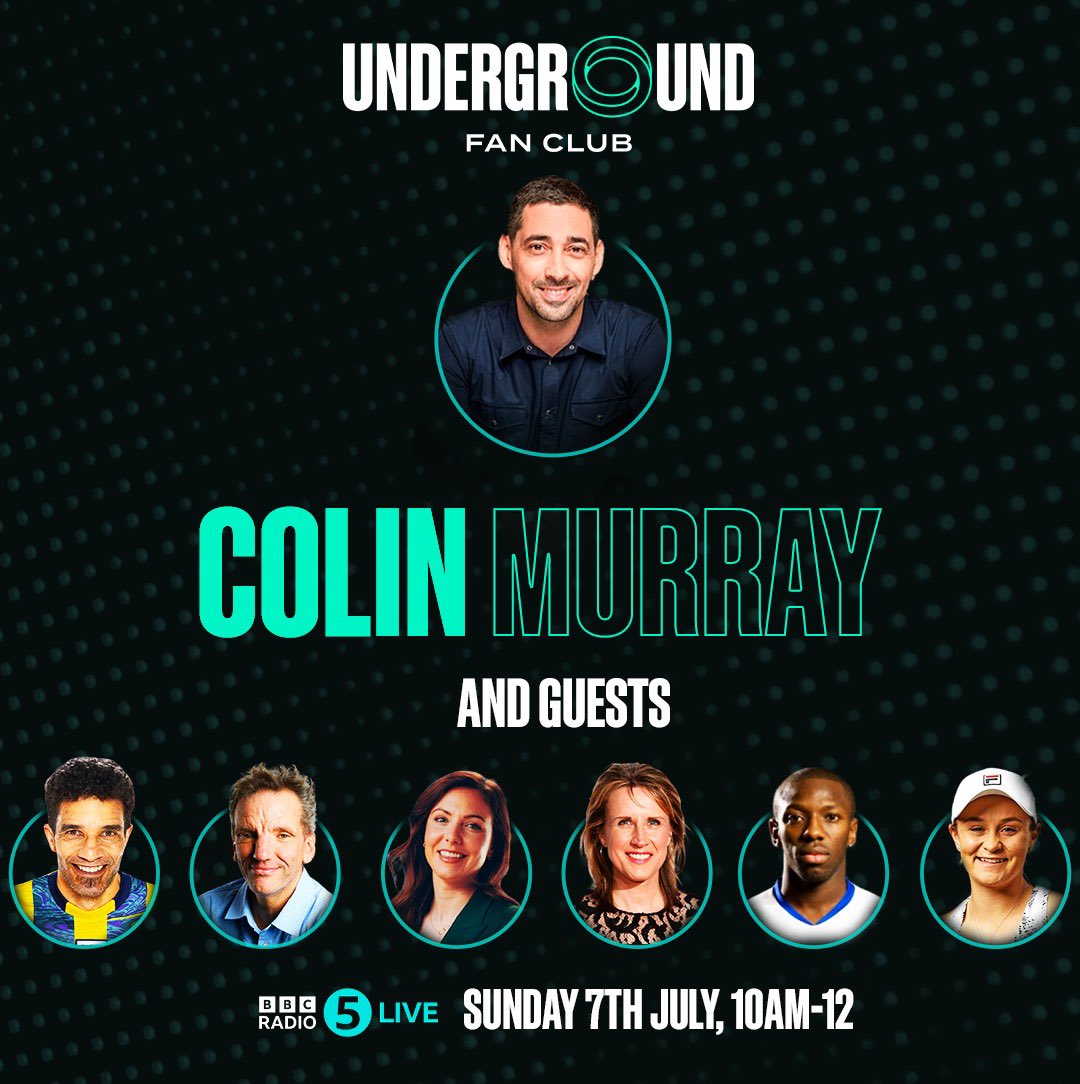 Underground Fan Club (@theufanclub) on Twitter photo Oh this is going to be fun! 🔥🔥
Joining <a href="/ColinMurray/">colin murray</a>
⚽️10am-11 Euros Brunch with
🏴 <a href="/jamosfoundation/">David James</a>
🏴 <a href="/RachelCorsie14/">Rachel Corsie</a>
🇩🇪<a href="/henningwehn/">Henning Wehn</a>
11am-12
Olympic Time Machine- <a href="/KatharineMerry/">Katharine Merry</a>
🎾 Wimbledon chat- <a href="/ashbarty/">Ash Barty</a>
Anything But Sport- <a href="/swp29/">Shaun Wright-Phillips</a>
LIVE from 10am <a href="/bbc5live/">BBC Radio 5 Live</a> Oh this is going to be fun! 🔥🔥
Joining <a href="/ColinMurray/">colin murray</a>
⚽️10am-11 Euros Brunch with
🏴 <a href="/jamosfoundation/">David James</a>
🏴 <a href="/RachelCorsie14/">Rachel Corsie</a>
🇩🇪<a href="/henningwehn/">Henning Wehn</a>
11am-12
Olympic Time Machine- <a href="/KatharineMerry/">Katharine Merry</a>
🎾 Wimbledon chat- <a href="/ashbarty/">Ash Barty</a>
Anything But Sport- <a href="/swp29/">Shaun Wright-Phillips</a>
LIVE from 10am <a href="/bbc5live/">BBC Radio 5 Live</a>