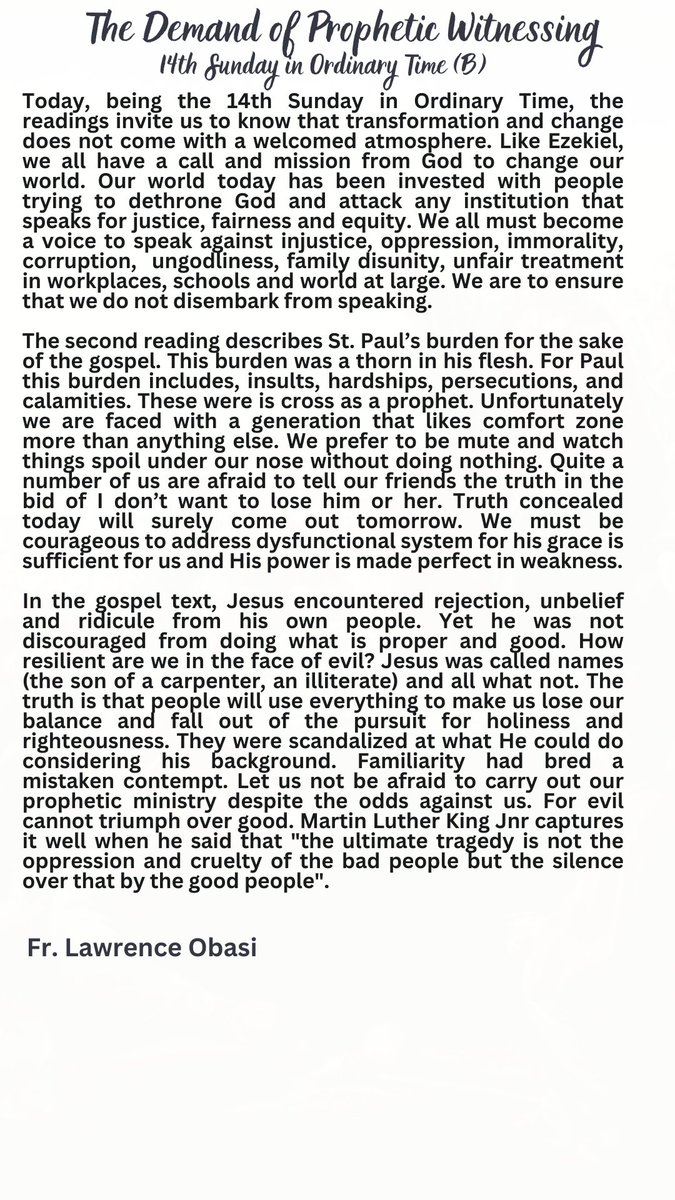 lawrenceobasi's tweet photo. Homily for today. In the bid to stand out as children of God, we must be prepared for an ordeal.
Happy Sunday friends!
Fada Lawrence Obasi https://t.co/Dq6tWA7ogD