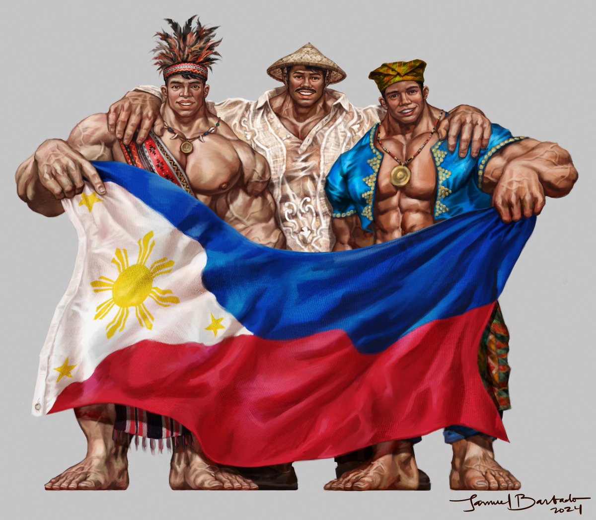 Repost. Had to readjust the proportions. 

By the way, the three figures represent the three major island groups in the country: Luzon, Visayas, and Mindanao.