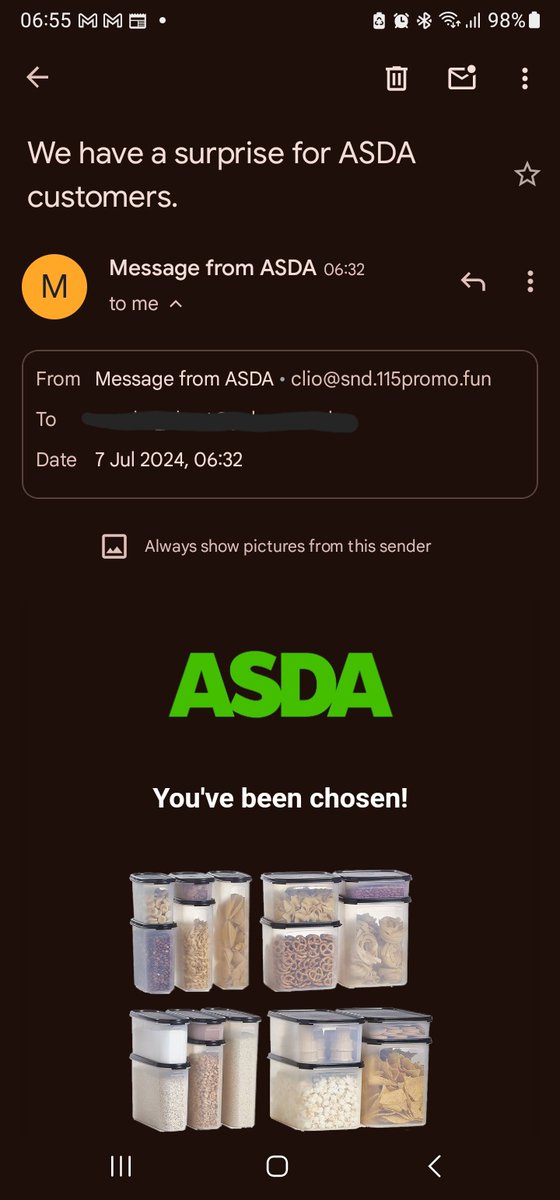 Sandor_Obert's tweet photo. @asda hi, is this a scam? The email address looks dodgy https://t.co/RfXVwN7auD