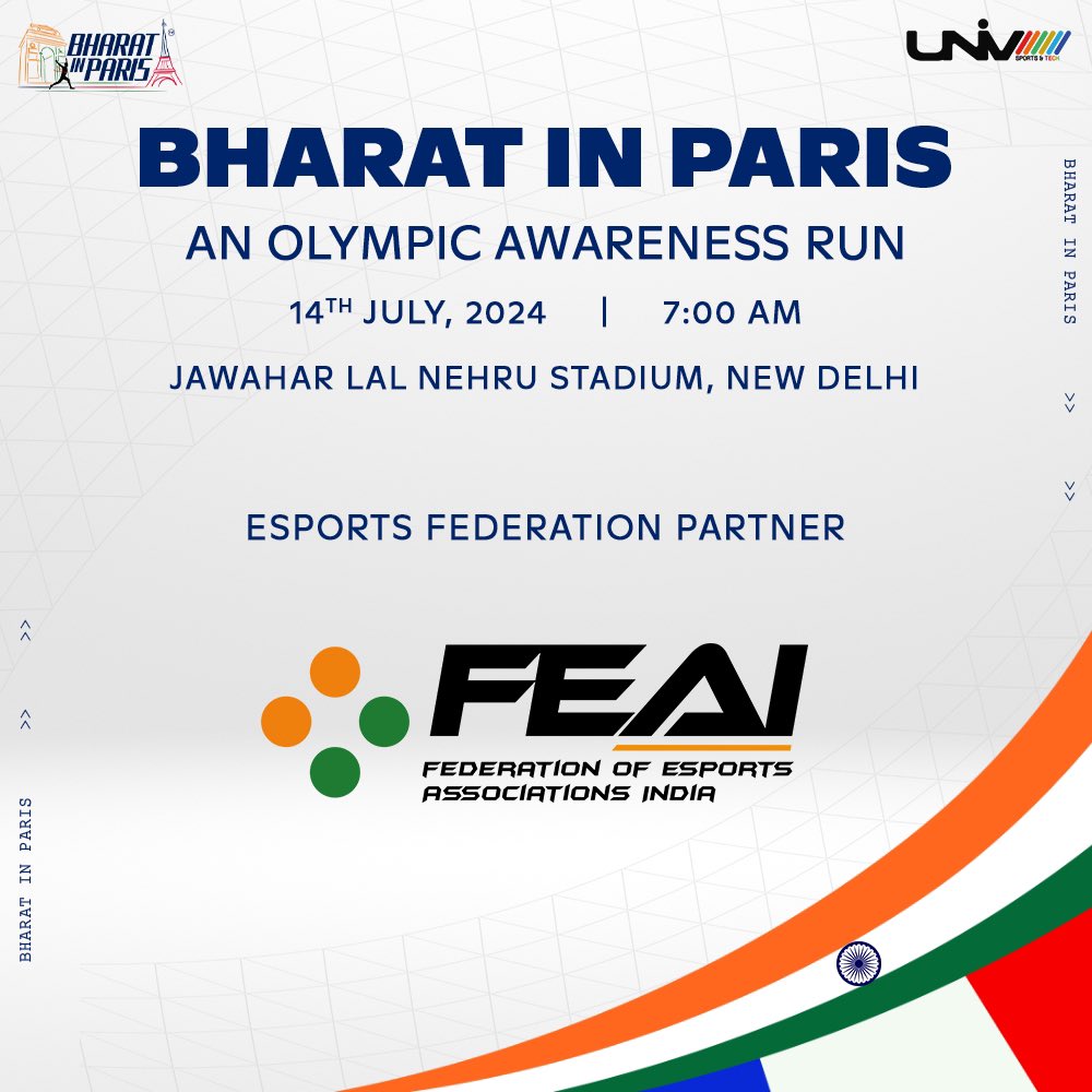 UNIV Sportatech (@univsportatech) on Twitter photo We’re thrilled to announce that the <a href="/FEAI_IN/">Federation of Electronic Sports Associations India</a> is officially the Esports Federation Partner for the BHARAT IN PARIS Esports Championship! 🎮🇮🇳
Join us as we champion the growing world of esports and celebrate India's journey to the Paris Olympics!
#Cheer4Bharat #FEAI #Esports We’re thrilled to announce that the <a href="/FEAI_IN/">Federation of Electronic Sports Associations India</a> is officially the Esports Federation Partner for the BHARAT IN PARIS Esports Championship! 🎮🇮🇳
Join us as we champion the growing world of esports and celebrate India's journey to the Paris Olympics!
#Cheer4Bharat #FEAI #Esports