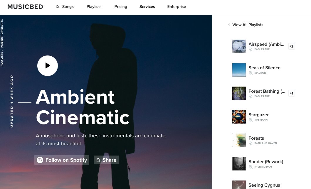 .<a href="/themusicbed/">Musicbed</a> also has an excellent Ambient Cinematic playlist, featuring two of our latest works, alongside those by friends like <a href="/kylemcevoymusic/">Kyle McEvoy</a> Perfect for anyone seeking subtle yet widescreen sounds. musicbed.com/playlists/ambi… #Documentary #advertisingagency #creators #YouTube