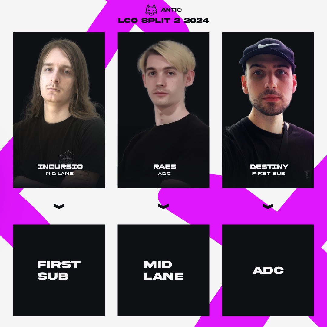 AnticESC's tweet image. So… I guess it’s time to bring @Destinyy out of retirement. 
Our roster updates for the remainder of Split 2
🐺 @IncursioOCE &amp;gt;&amp;gt;&amp;gt; Substitute 
🐺 @RaesOCE &amp;gt;&amp;gt;&amp;gt; Mid Lane
🐺 @Destinyy &amp;gt;&amp;gt;&amp;gt; Bot Lane

You can see our first game with our new roster at 8pm AEST//10pm NZST over on the @LCO…