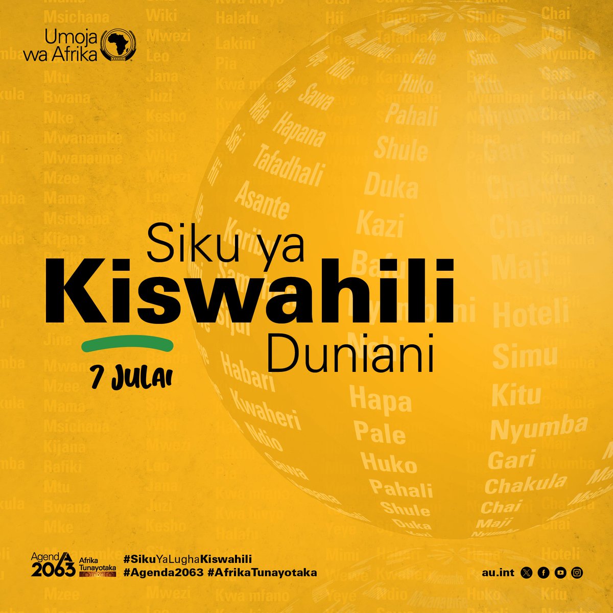 _AfricanUnion's tweet photo. Kiswahili kinazungumzwa na zaidi ya Waafrika milioni 200 na kinatumika sana katika eneo la Maziwa Makuu mashariki, Kati na Kusini mwa Afrika na hata Mashariki ya Kati. #sikuyalughakiswahili

Kiswahili pia kinafundishwa katika vyuo vikuu na vyuo vikuu vya Afrika Magharibi na Kaskazini na pia duniani kote. #sikuyalughakiswahili