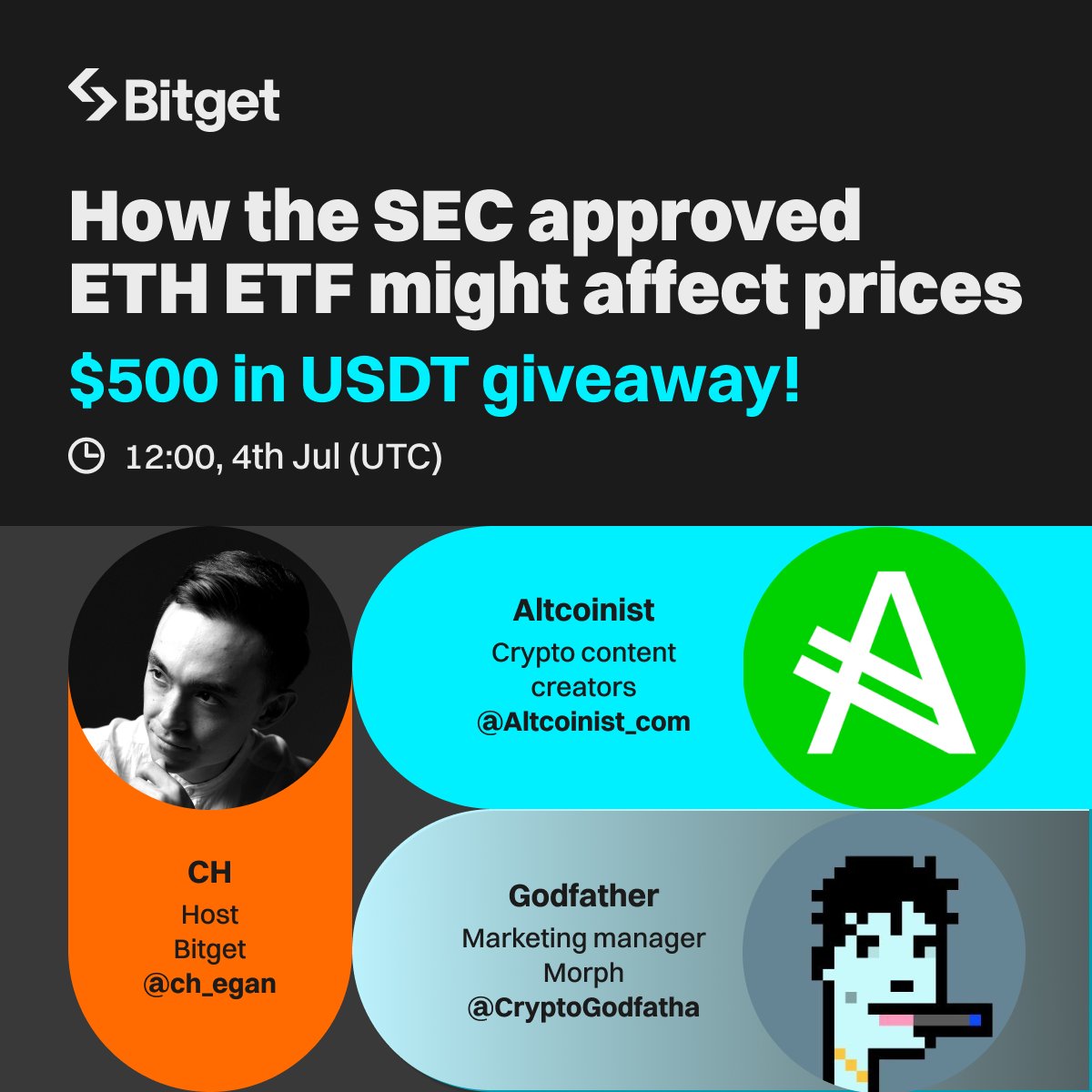 Join our upcoming X Space to discuss how the SEC approved #ETH ETF might affect prices 👀 featuring  <a href="/Altcoinist_com/">Altcoinist.com 🟦🪖</a> and @CryptoGodfatha! 

🎁 $500 USDT (10 winners)
🔹 Follow @bitgetglobal, RT &amp; tag friends
🔹 Join the space: x.com/i/spaces/1mrGm…