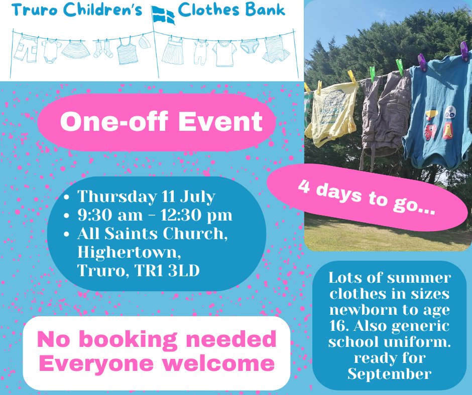 CornwallCCB's tweet photo. In just 4 days it's our one-off clearance event.
Thur 11 July March
All Saints Church Hall, Highertown, Truro. TR1 3LD 9:30-12:30
Lots of pre-loved children’s summer clothes plus school uniform for September.
No charge.
Everyone welcome.
No need to book - just come along. https://t.co/9HHj7NmOnT