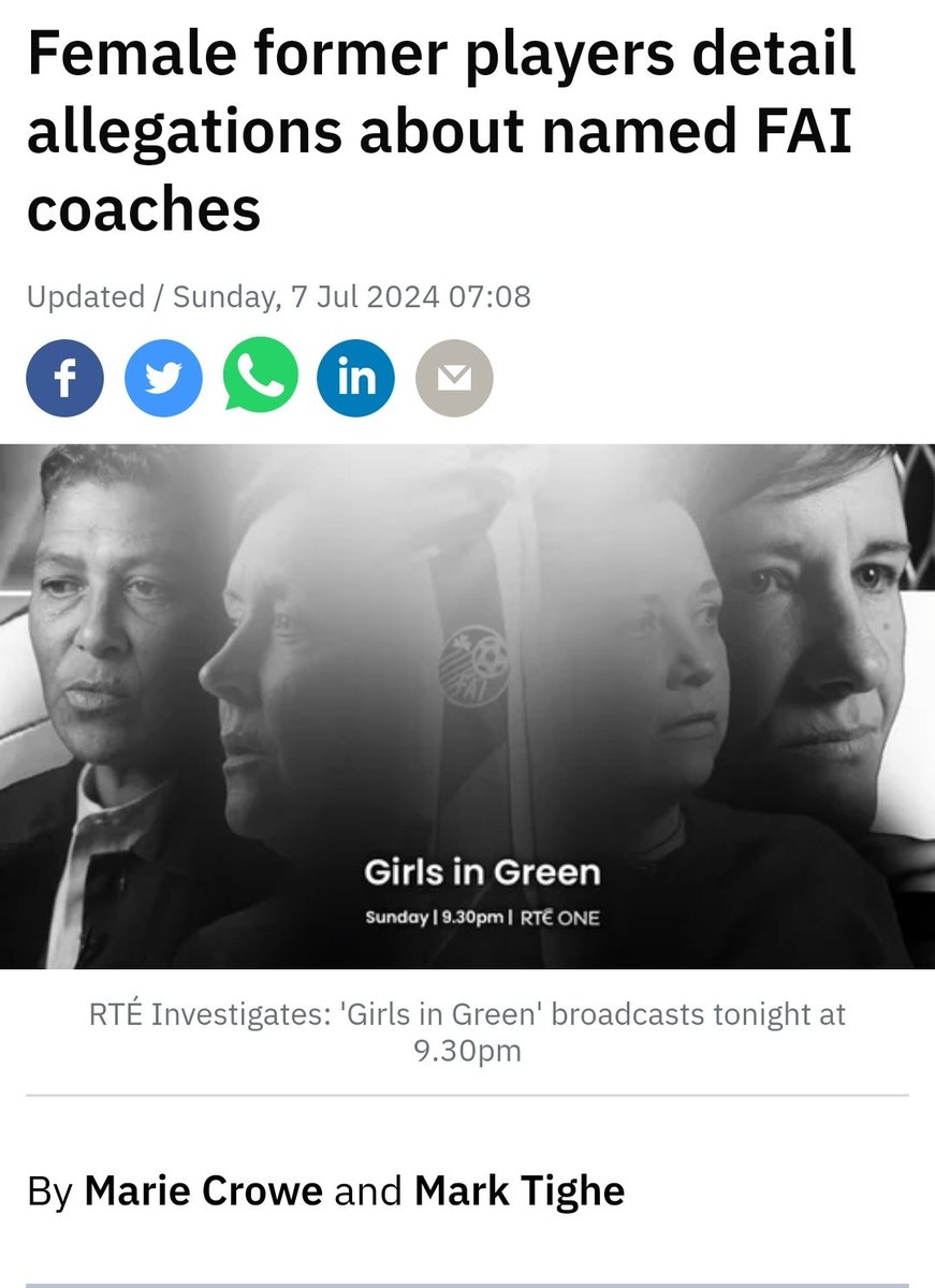 caulmick's tweet photo. Multiple female footballers have revealed how they were the subject of alleged unwanted or inappropriate sexual advances from FAI coaches in the 1990s.

Former international players and trainees on Ireland's first state-funded all-women soccer course have spoken to a joint investigation by RTÉ Investigates and the Sunday Independent

https://t.co/oPRXAAoXmX